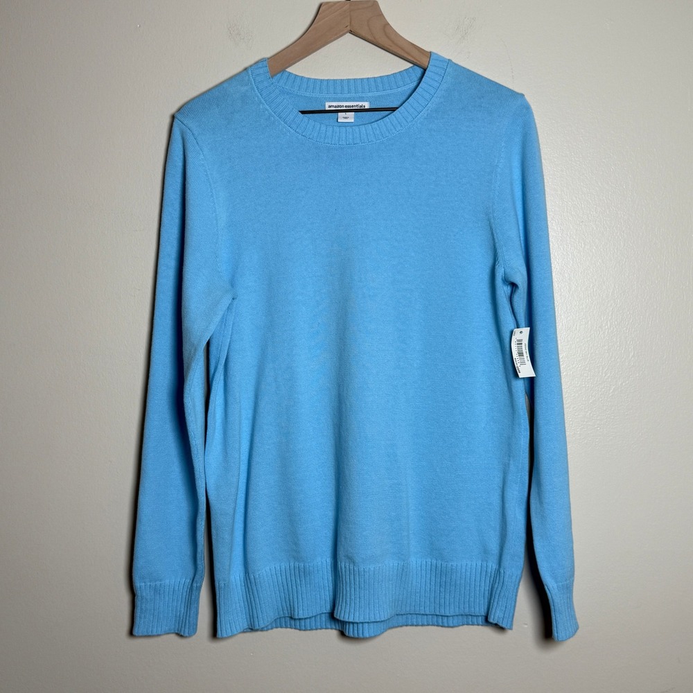 Amazon Essentials NEW Womens Crewneck Sweater Large‎ Sky Blue 100% Cotton Office